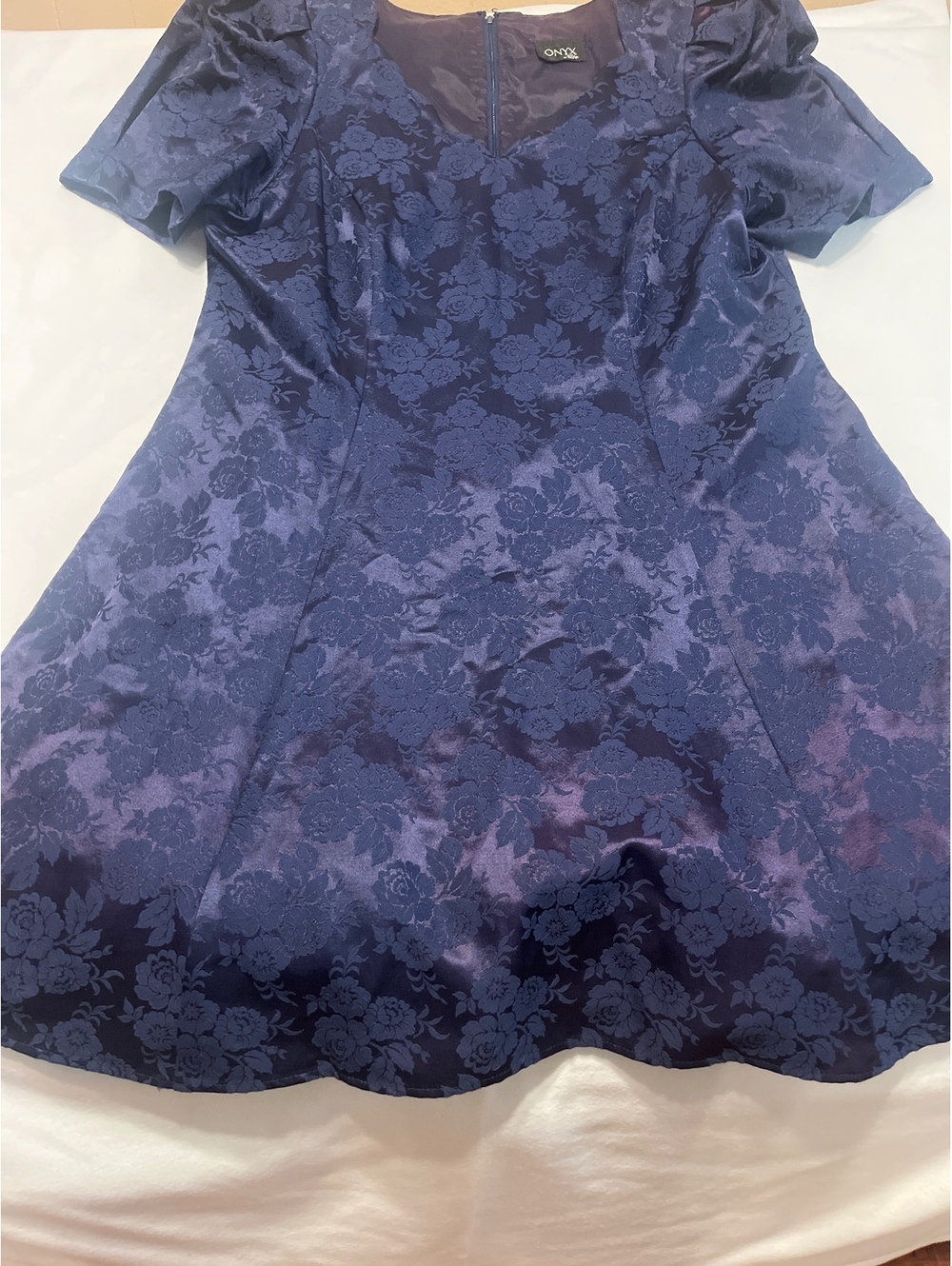 Onyx Nite Navy Blue Floral Jacquard Fit & Flare Dress with Tulle Underskirt